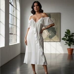 Gold Hawk White Ruffle Midi Dress